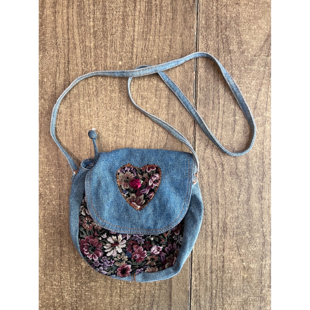 Vintage Handcrafted Denim & Floral Tapestry Crossbody Bag Cottagecore Festival